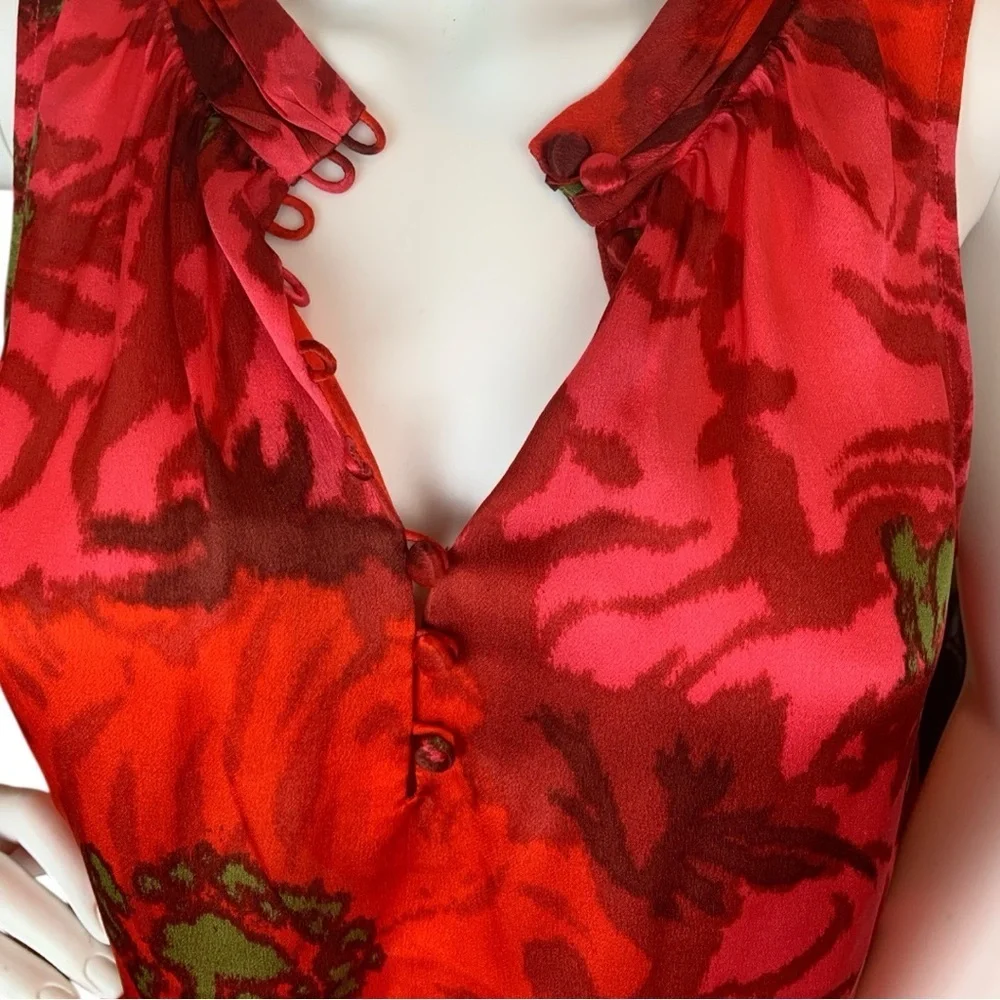 J. Crew Red Poppy Floral Sleeveless 100% Silk Blouse - Picture 6 of 10